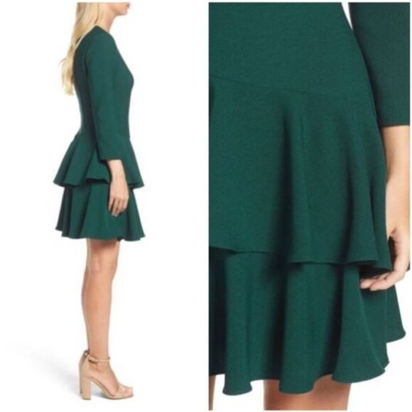 Eliza J. Green Knit Tiered Ruffle Long Sleeve Mini Dress Size 6 - Picture 3 of 13